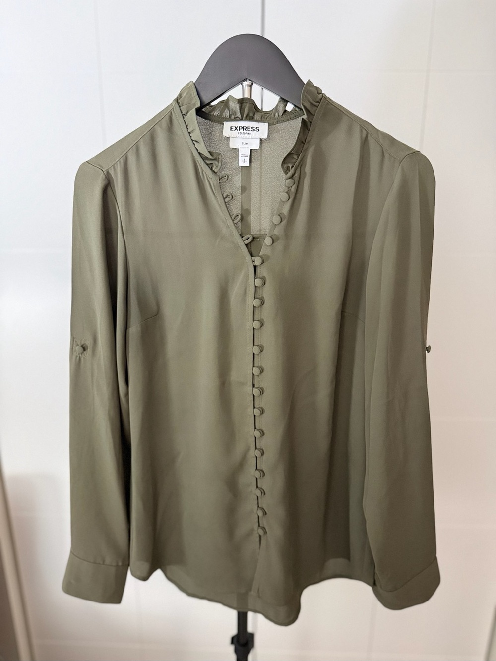 Express Olive Green Ruffle-Trim Button Front Blouse